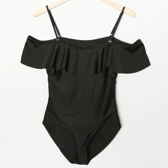 Black Off The Shoulder or Strapless Ruffle One Piece Swimsuit S Padded Modest - Picture 2 of 11